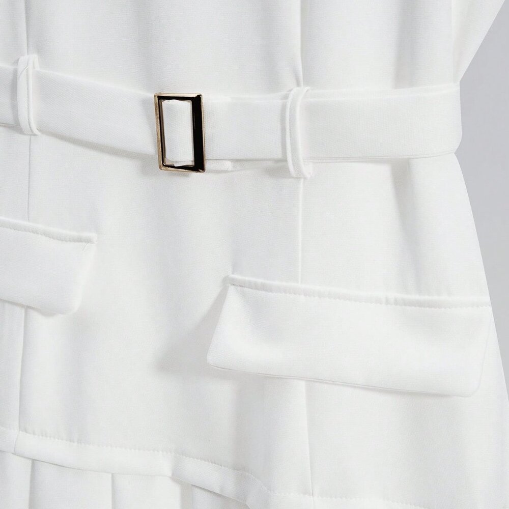 White Casual Women's French Sleeveless Cinched Waist Pleated Dress - Picture 6 of 8
